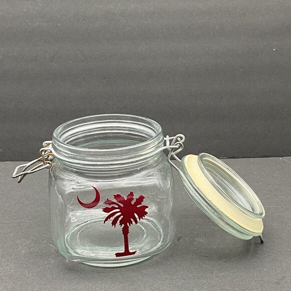 SC State Emblem Glass Jar Snap Lid Palmetto Tree Crescent Moon Storage Tea‎ - Picture 1 of 9